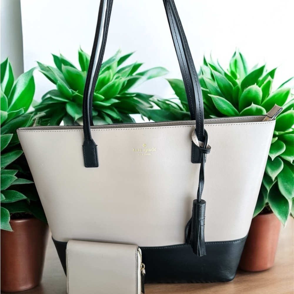 Kate Spade Black & Beige Leather Tote Bag with Wallet bundle